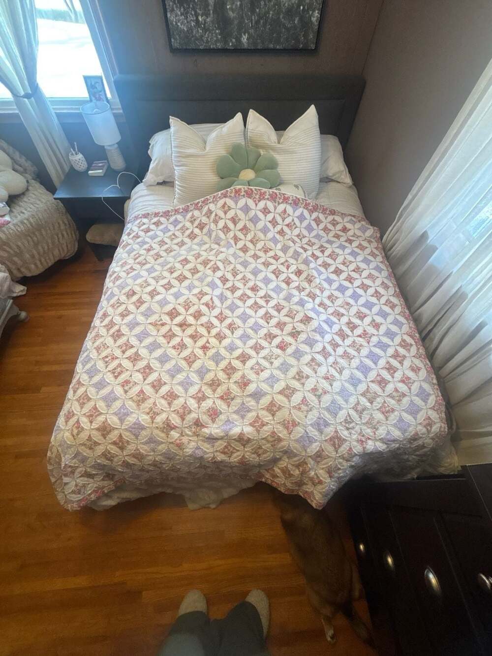 Vintage Handmade Glorified Nine Patch Quilt Pink and Purple Floral Patterns